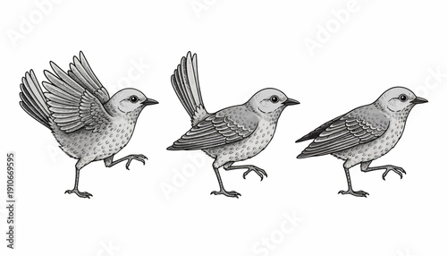 Three birds in different poses, black and white illustration.