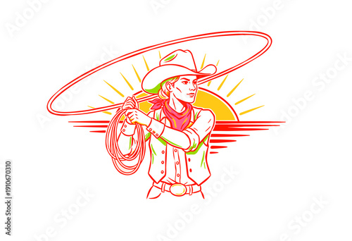 Cowgirl artwork design for t-shirt and apparel. Wild west rodeo cowgirl illustration. Vintage sunset graphic design. Western woman with lasso sketch