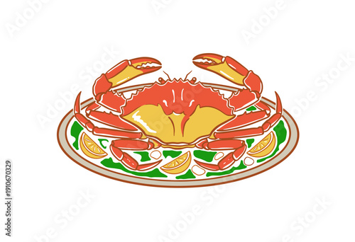 Seafood t shirt design. Original sea food artwork. Delicious cooked crab graphic. Crab vintage artwork for restaurant logo. Seafood market artwork for