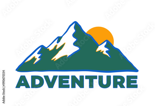 Mountain illustration outdoor adventure logo design. Vintage artwork for t-shirt and apparel design. Simple mountain landscape graphic. Adventure typo