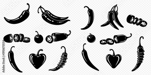 Set of various hand-drawn chili pepper silhouettes, including whole, sliced, and different shapes, isolated on a transparent background.