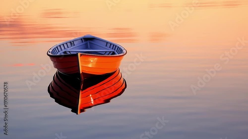 A fishing boat is anchored on still water at dawn, reflecting colors of the sunrise in a quiet bay