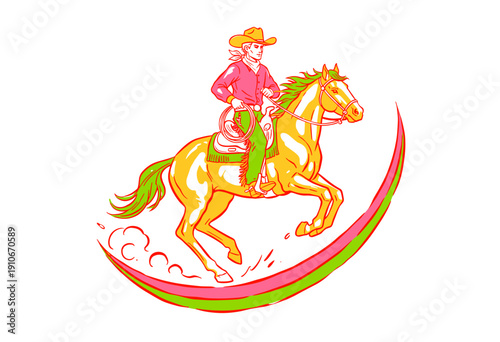 Rodeo cowboy riding a fast horse illustration. Western wild west graphic design for apparel. Dynamic horse racing vintage artwork. Neon pop art style