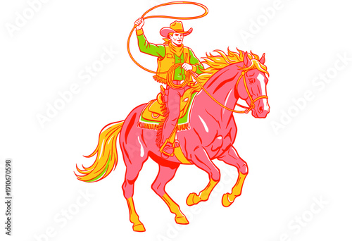 Cowboy riding pink horse graphic artwork. Wild west rodeo poster design illustration. Neon vibrant colors vintage style graphic. American cowboy with