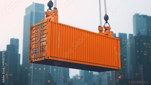 A crane lifts an orange container above the city buildings during dusk