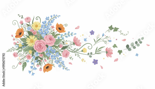 Colorful floral arrangement with roses and poppies illustration.