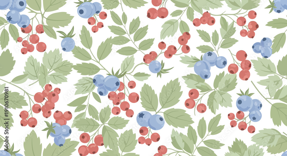 Fototapeta premium Seamless pattern with fresh blueberries and red berries on a white background.