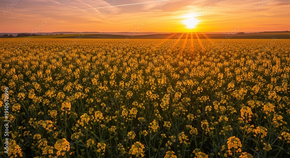 Fototapeta premium Aerial view of a vast field of blooming flowers at sunset in a rural landscape