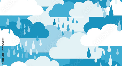 Rainy day seamless pattern with clouds and raindrops.