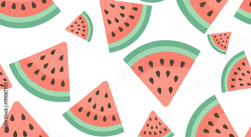 A vibrant and refreshing seamless pattern of stylized watermelon slices on a white background.