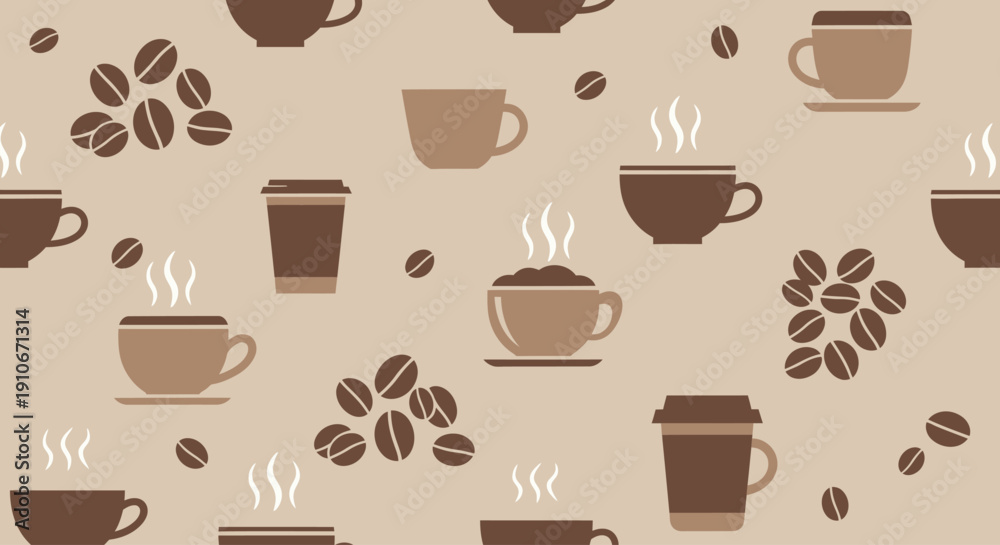 Obraz premium Seamless coffee pattern with steaming cups and roasted beans