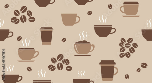 Seamless coffee pattern with steaming cups and roasted beans