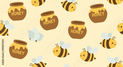Cute cartoon bees and honey pots seamless pattern background.