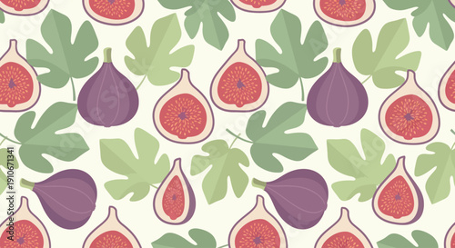 Seamless fig pattern with green leaves on a light background.