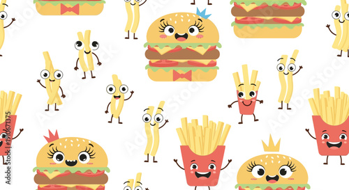 Cute Cartoon Fast Food Seamless Pattern
