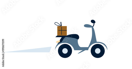 Delivery scooter with box. Moped transport vector illustration for food service, city logistics, and fast courier shipping design. Isolated flat icon of motorcycle
