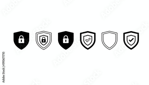 Set of black and white shield icons with lock and checkmark symbols.