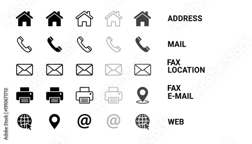 Collection of black and white icons for communication and location.