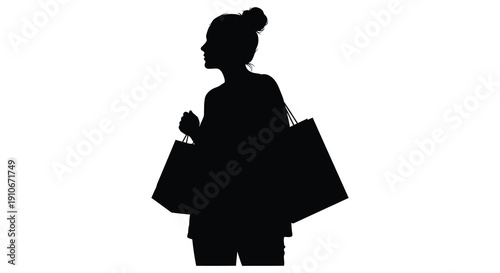 A striking black silhouette depicts a woman carrying shopping bags showcasing a modern and minimalist aesthetic silhouette high quality professional detailed