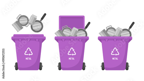 Recycling bin for metal. Violet  trash can. Vector illustration