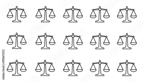 Simple black and white illustration of multiple scales of justice arranged in a grid pattern.
