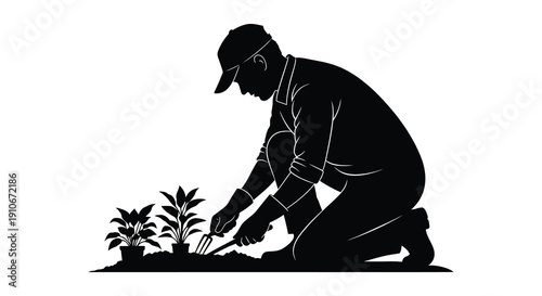 A gardener is kneeling and tending to small plants with a trowel creating a striking silhouette high quality professional detailed modern