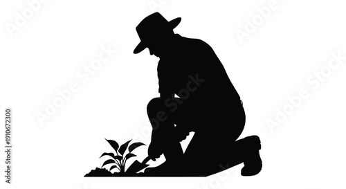 A striking black silhouette depicts a gardener tending to young plants showcasing a peaceful outdoor scene silhouette high quality professional detailed