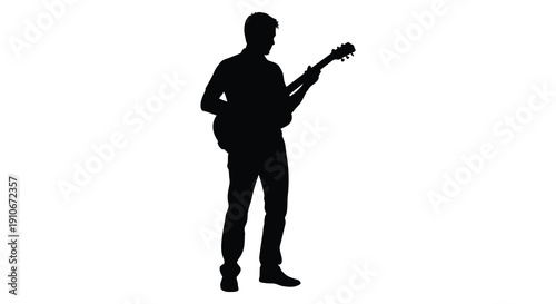 A full body silhouette of a musician playing an electric guitar captured in a dynamic pose against a white backdrop silhouette