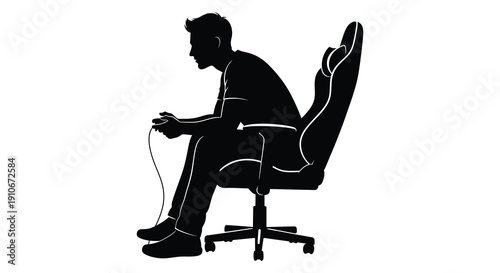 A black silhouette of a person seated in a gaming chair focused on playing a video game silhouette high quality professional