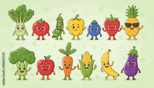 Colorful cartoon fruits and vegetables with smiling faces and sunglasses.