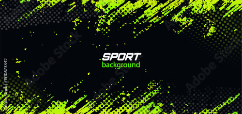 Dynamic grunge sport black background with brush strokes, neon green paint splatter and halftone texture. Abstract vector illustration, geometric sporty design, frame for athletic event posters