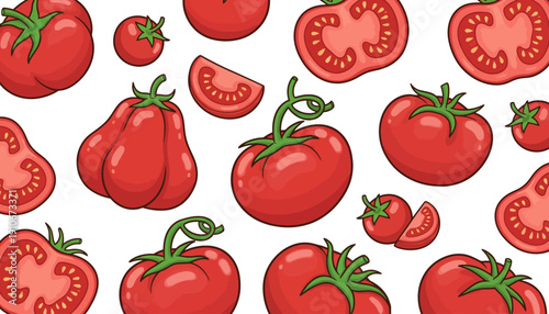 Vibrant red tomatoes in various forms and cuts.