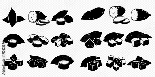 Sweet potato vector icons set, whole, sliced, and diced root vegetable silhouettes.