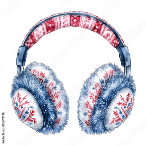 Blue and red Fair Isle winter headphones with fluffy faux fur earmuffs watercolor vector illustration