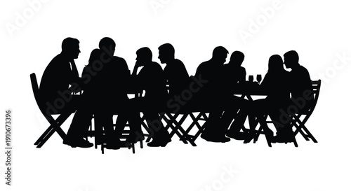 A group of people are seated around a long table in a formal setting depicted as a silhouette high quality professional