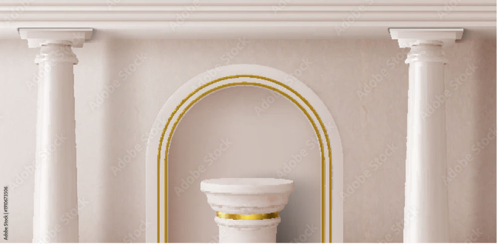 Fototapeta premium Beige marble coumn podium with golden ring realistic vector background. Ancient roman greek, pillar stand or museum pedestal, product presentation or exhibition, stone platform near stone arch