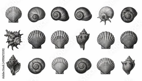 Collection of Various Seashells in Black and White.