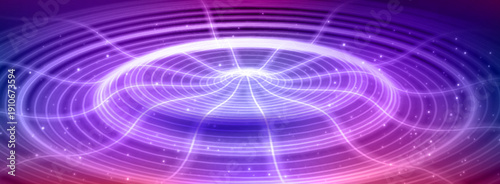 Abstract tech ripple circles on dark purple sky background with glowing stars. Vector illustration of neon circular wave pattern from light lines, sound effect. Modern design for presentations