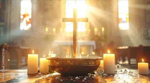 Sacred church interior with a cross, burning candles, and smoke for Ash Wednesday liturgy
