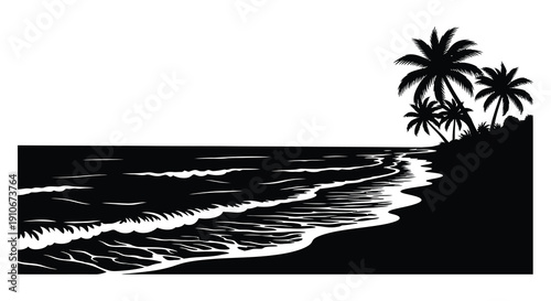 A striking black and white depiction of a tropical beach scene with palm trees and ocean waves a bold silhouette