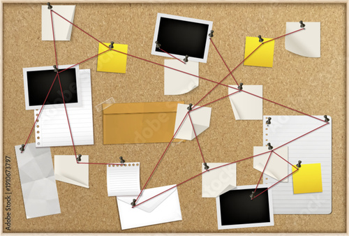 Detective investigation board with crime evidence, photo frames, papers or post it notes and red string connecting clues, cork background. Realistic vector illustration, police case analysis workspace