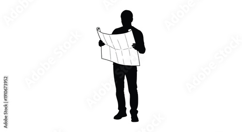 A standing man is depicted reading a large unfolded map presented as a stark black silhouette high quality professional detailed modern