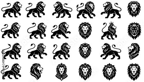 Collection of various black lion silhouettes and head icons.