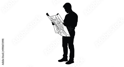 A solitary figure studies a detailed map appearing lost in thought while navigating potential routes silhouette high quality professional modern elegant