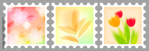 Postage stamps with soft gradient blur, pastel flowers and green leaves, spring collection vector illustration. Floral design with postal frame style. Blooming peony and tulips borders on background