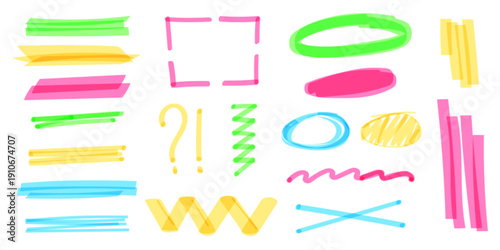 Hand drawn marker highlights and underlines, colorful pen doodle strokes, vector set isolated on white. Circles on whiteboard, question and exclamation marks for emphasis, marker texture elements
