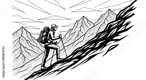 Man hiking up a steep mountain trail with backpack and poles.