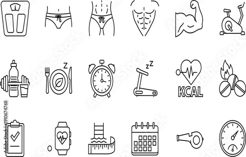 Fitness and Healthy Lifestyle Line Icons Set Featuring Workout Equipment, Body Measurement, Diet Nutrition, Heart Rate, Sleep Tracking and Wellness Monitoring Outline Vector Collection