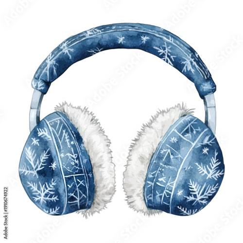 Blue watercolor winter headphones with white faux fur earmuffs and snowflake pattern