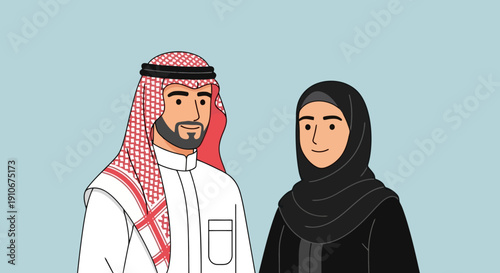 Middle Eastern Couple Standing Together Wearing Traditional Clothing.